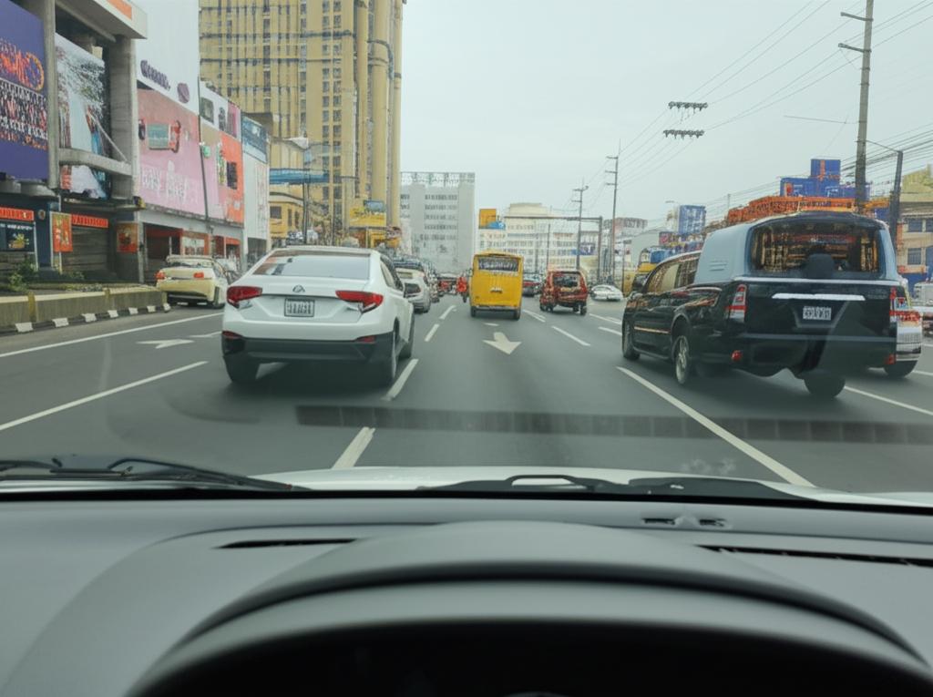 Car driving through busy city traffic in Thailand.