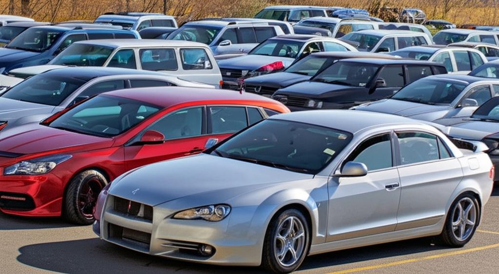Exciting car meetup scene with many cars parked closely, highlighting potential risks.