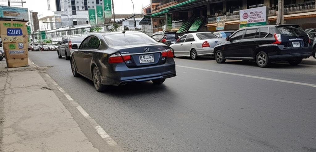 Car parked in a busy Thai street with potential scratch hazards
