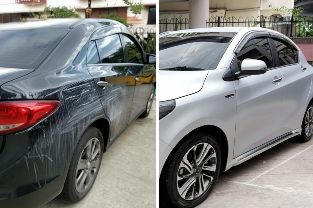 A car with dull, scratched paint next to a car with shiny, protected paintwork in a Thai setting.