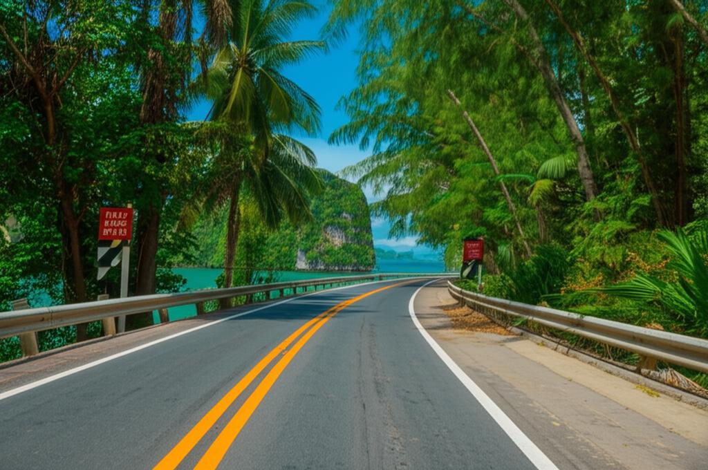 Car driving along a beautiful Thai coastal road