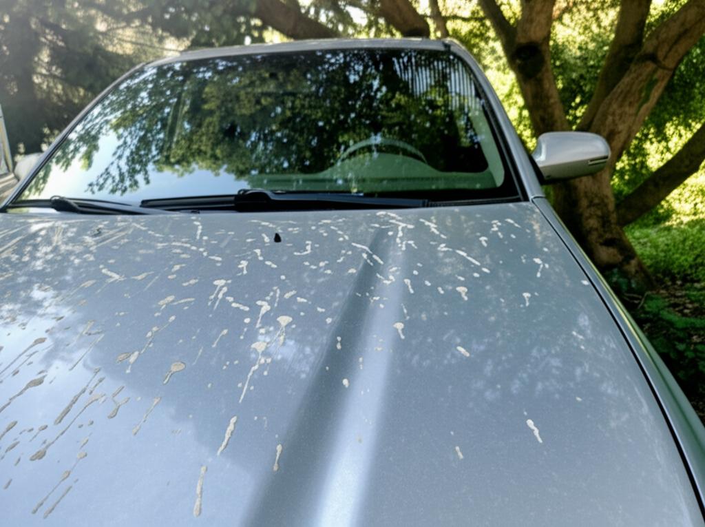 Car parked under a tree with bird droppings and sap stains on the hood