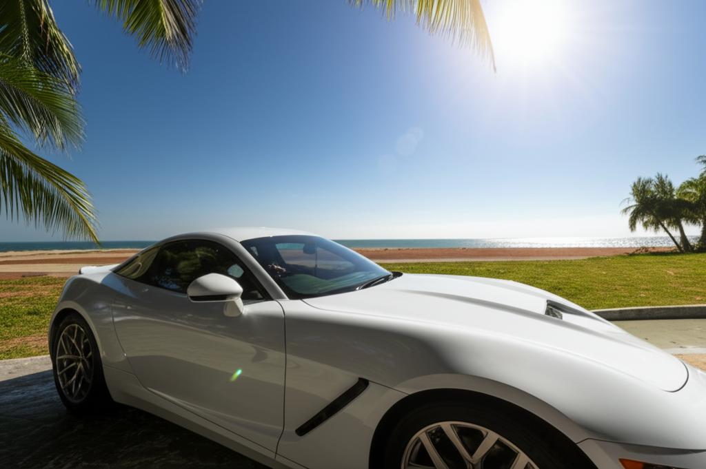 Bright sun shining on a car parked near a tropical beach