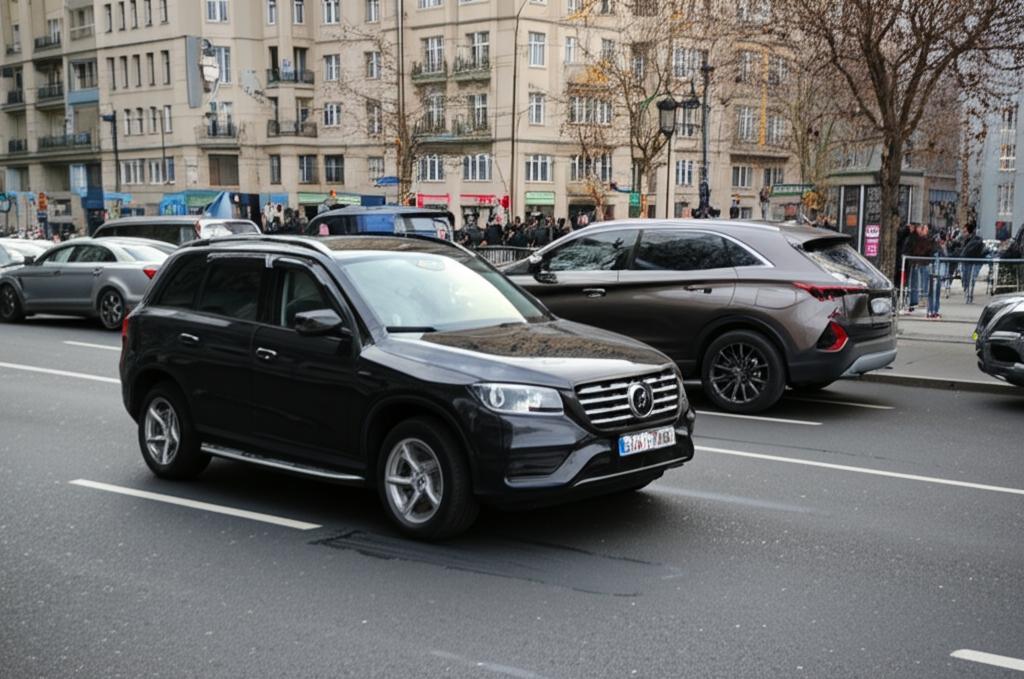 Family SUV parked in a busy street, highlighting potential for scratches