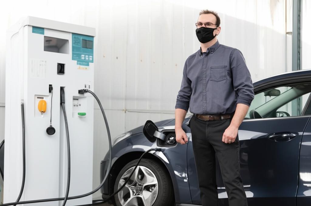 New EV owner proudly looking at their clean car.