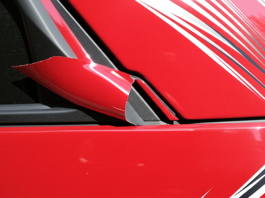 Close-up of a car wrap peeling and lifting at the edges