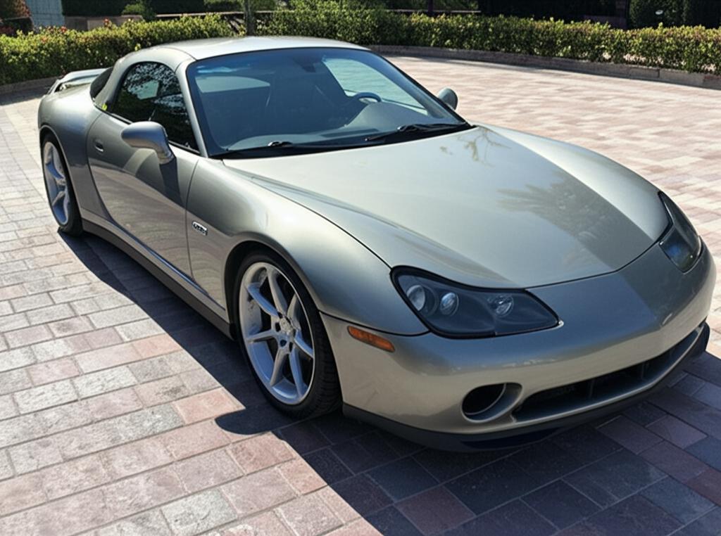 A stunning sports car parked elegantly, its paint gleaming under the sun.