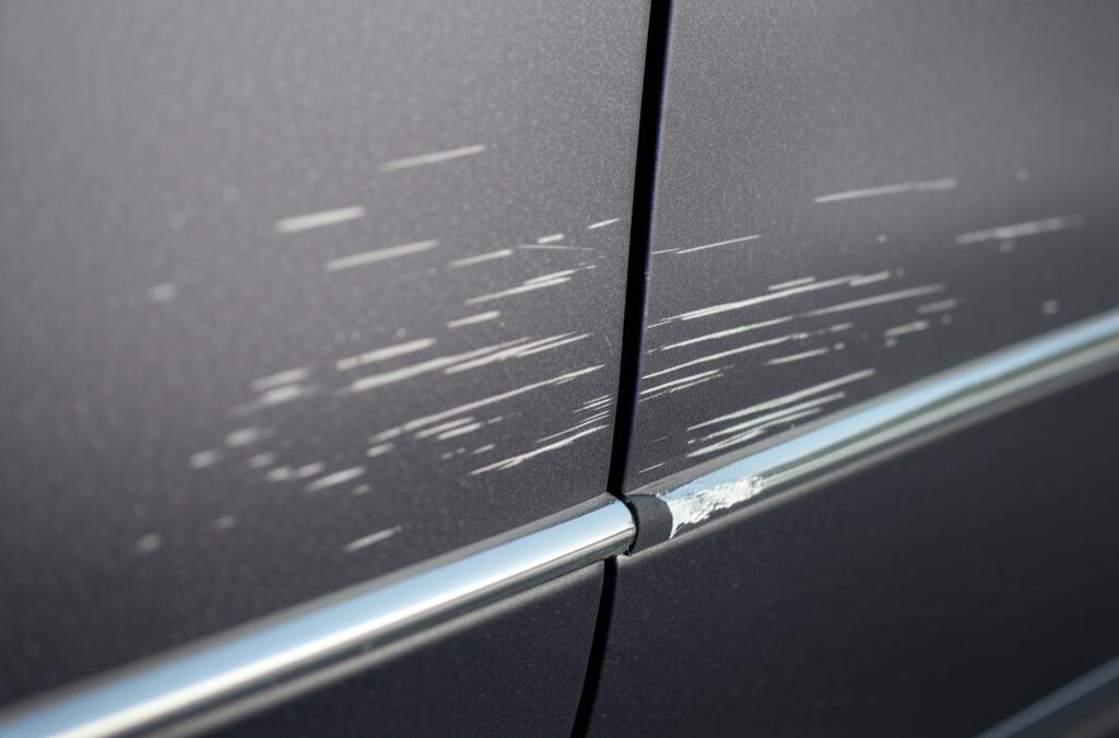 Close-up of a luxury car with a scratch on the paint, highlighting the owner