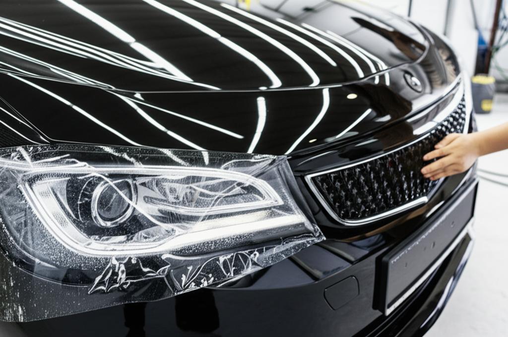 Professional application of clear protective film on a car