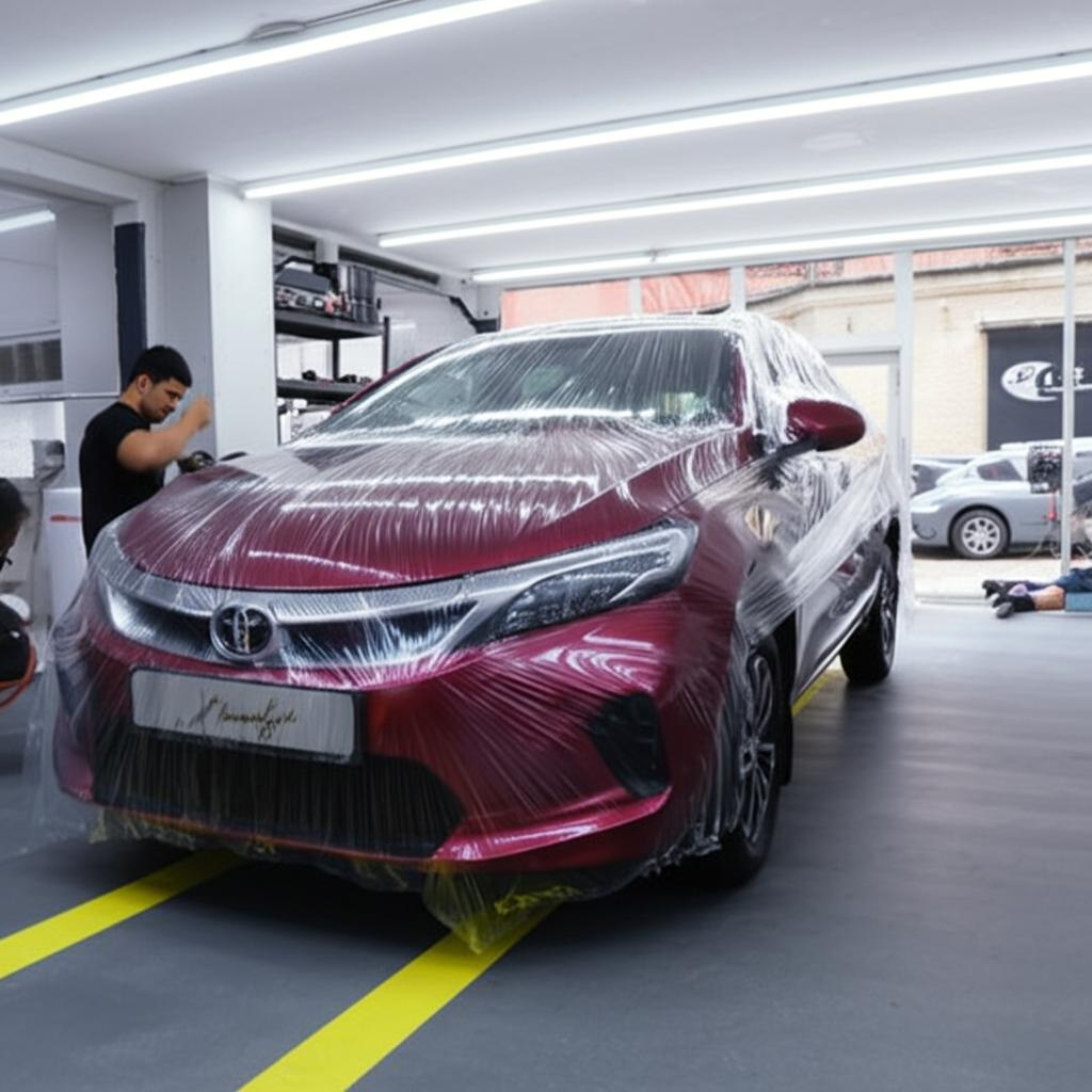 A compact hatchback being wrapped with clear TPU film by a professional installer