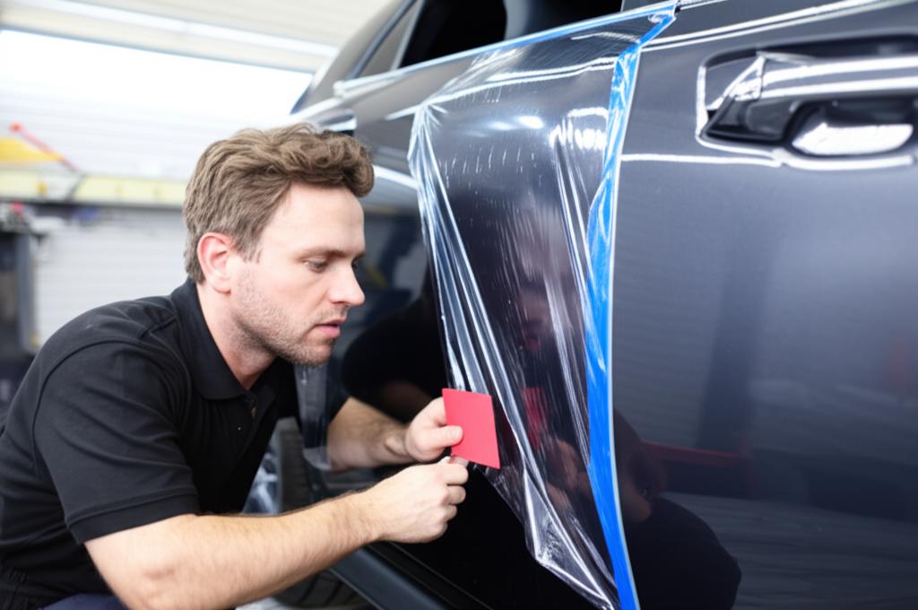 Skilled technician applying clear protective film to a car panel.