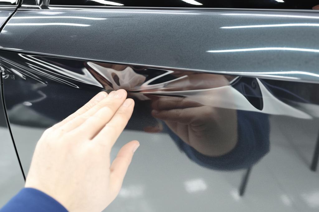 Close-up of a car panel being wrapped with TPU film