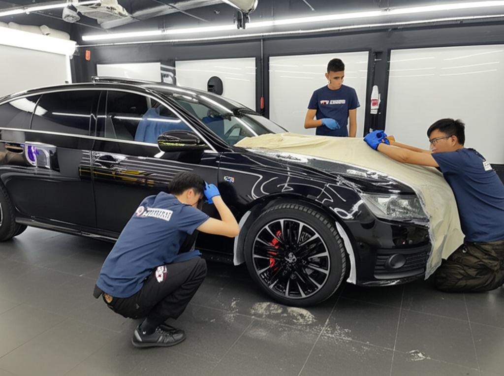 A car undergoing TPU film application with technicians carefully working on a panel.