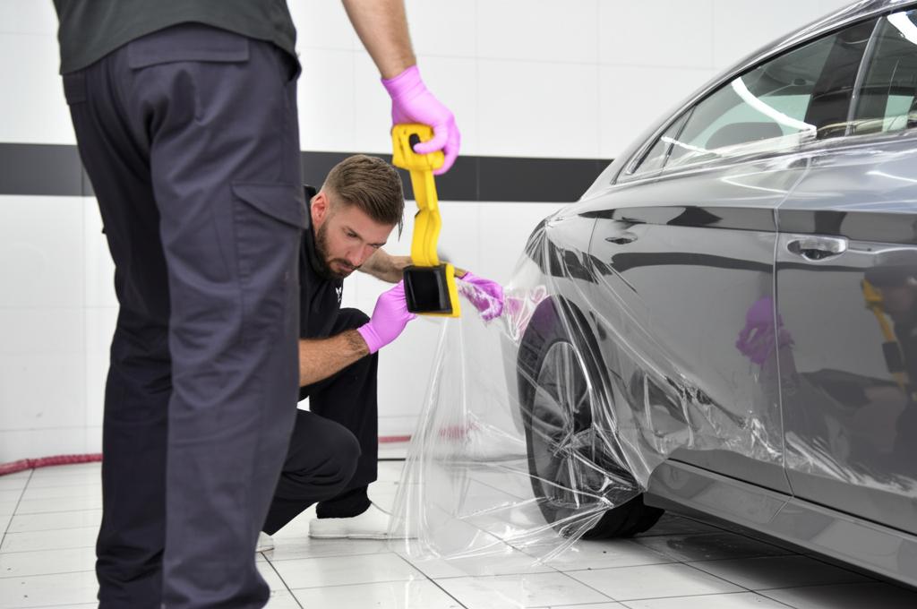 Skilled technicians applying transparent TPU film to a car