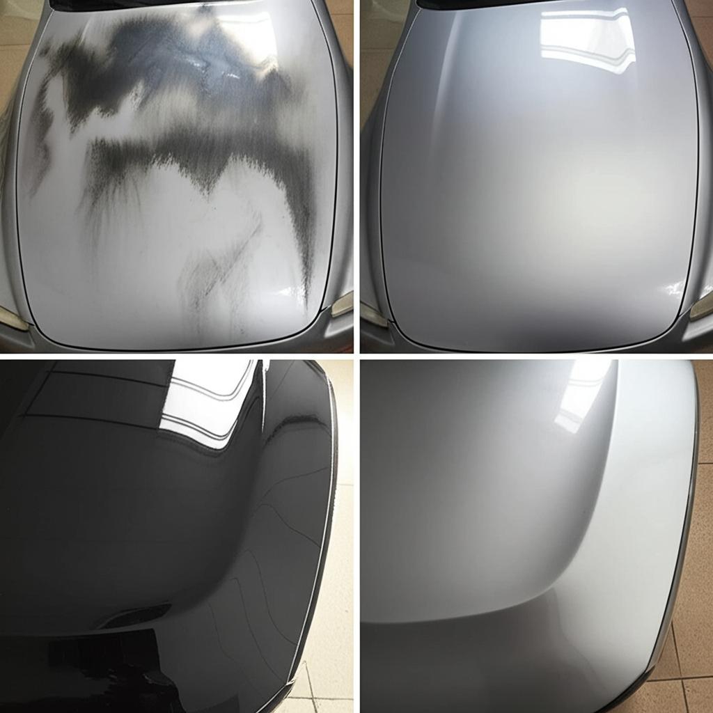 Before and after image of a car hood, showing stains removed and a protective film applied
