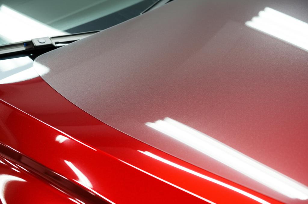 Close-up of a car hood with a perfectly applied clear protective film