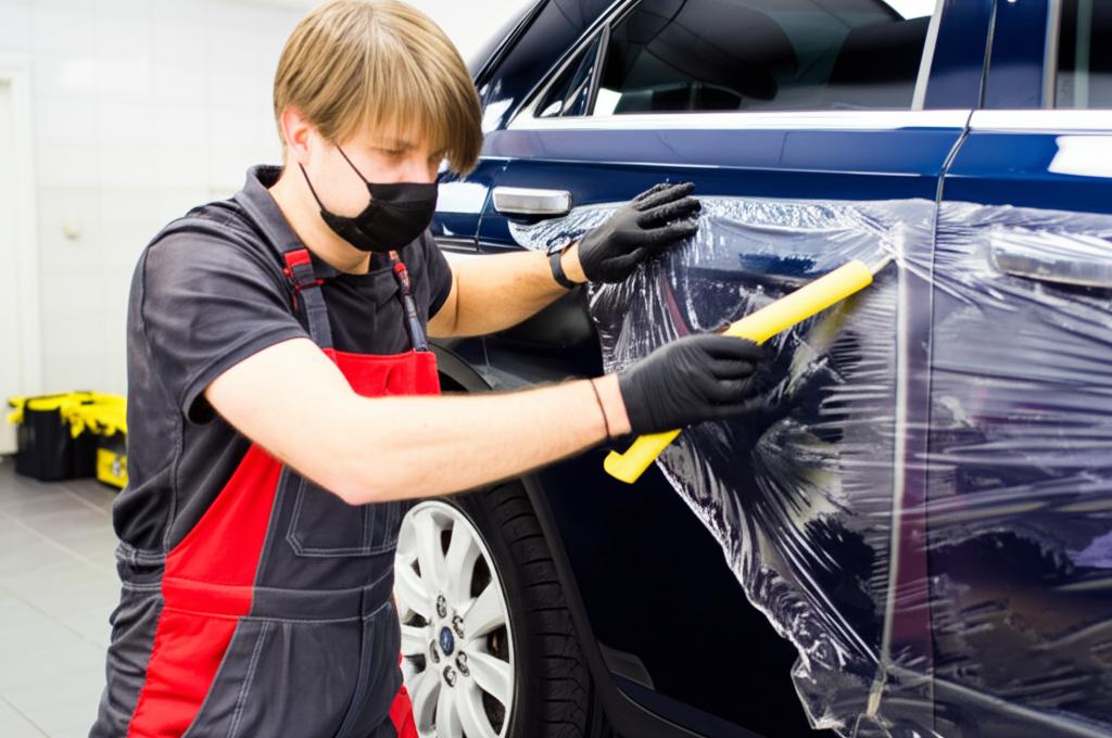 Car technician applying a protective film to a car