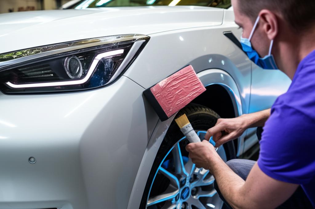 Skilled technician applying TPU film to an SUV panel