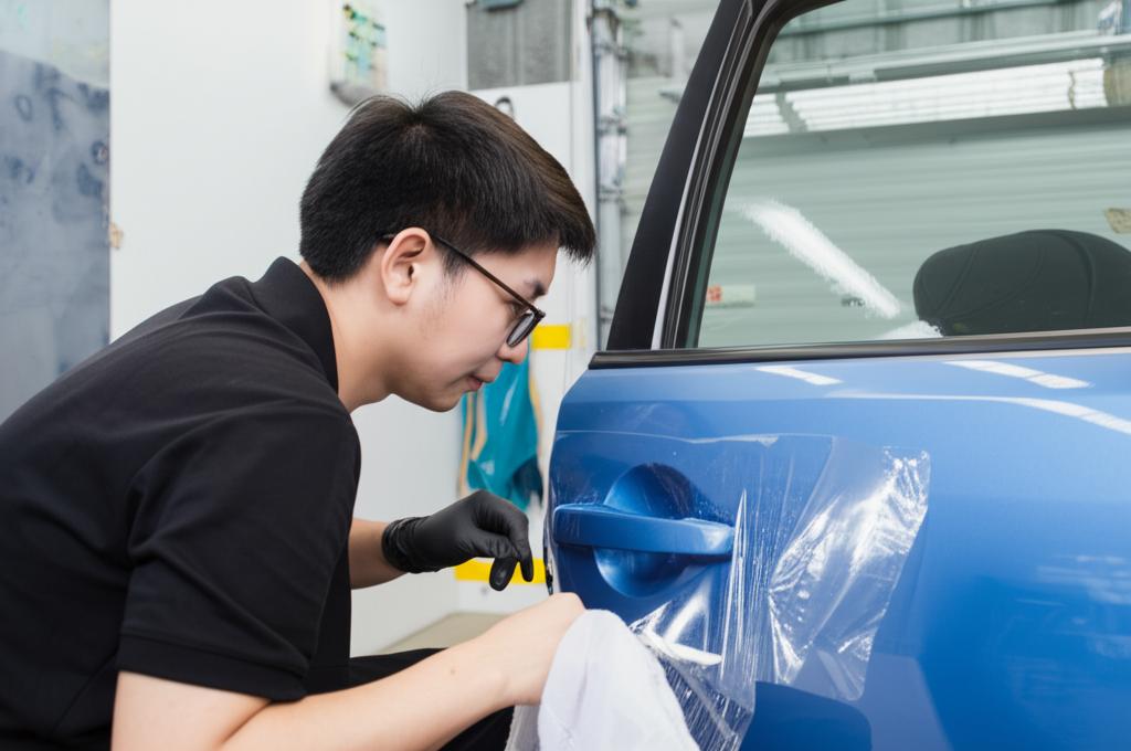 Technician applying clear TPU film to a car door panel