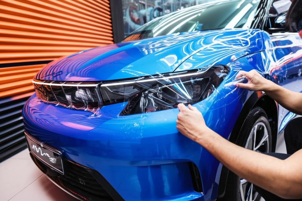 Skilled technician installing clear TPU film on an EV