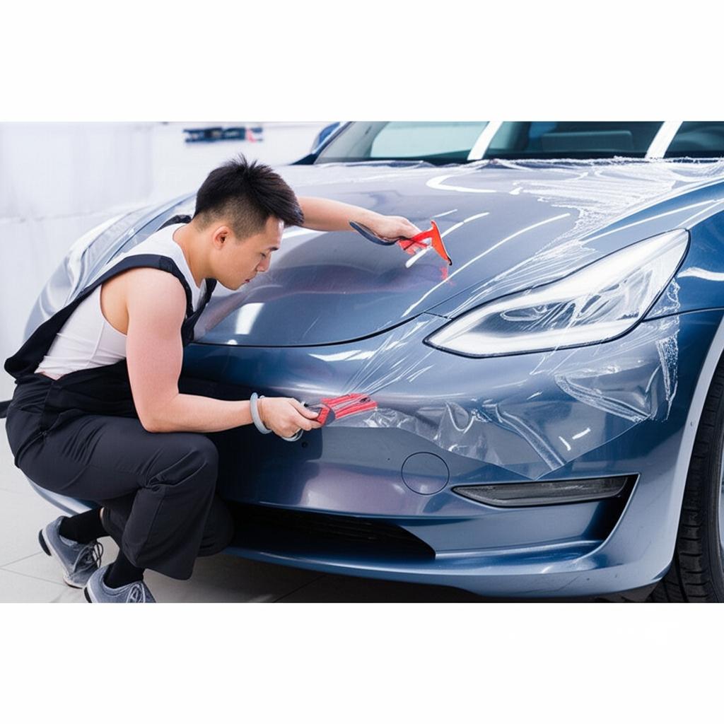 Skilled technician applying clear TPU film to the hood of an electric vehicle