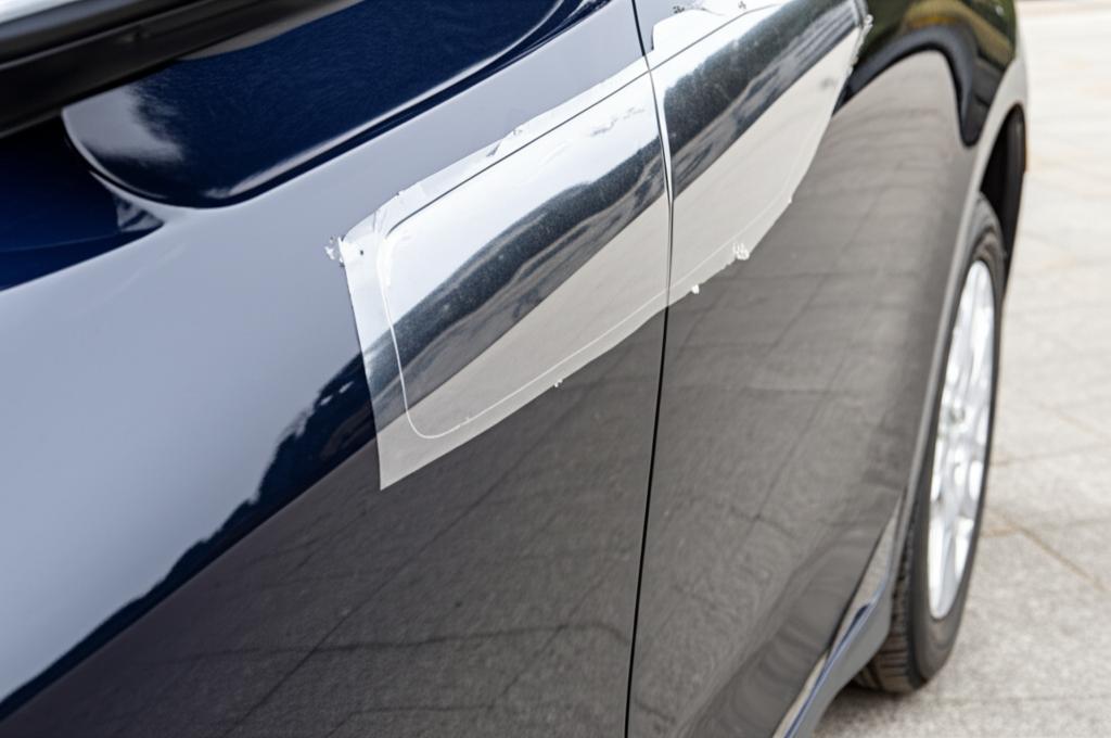 Close-up of a car panel with clear protective film applied, showing high gloss