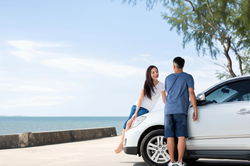 Happy couple standing next to a clean car by the beach in Thailand