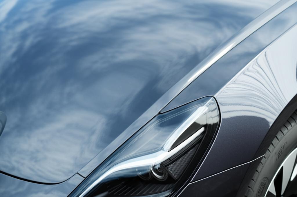 Close-up of a perfectly protected EV paint surface with a subtle reflection of the sky.