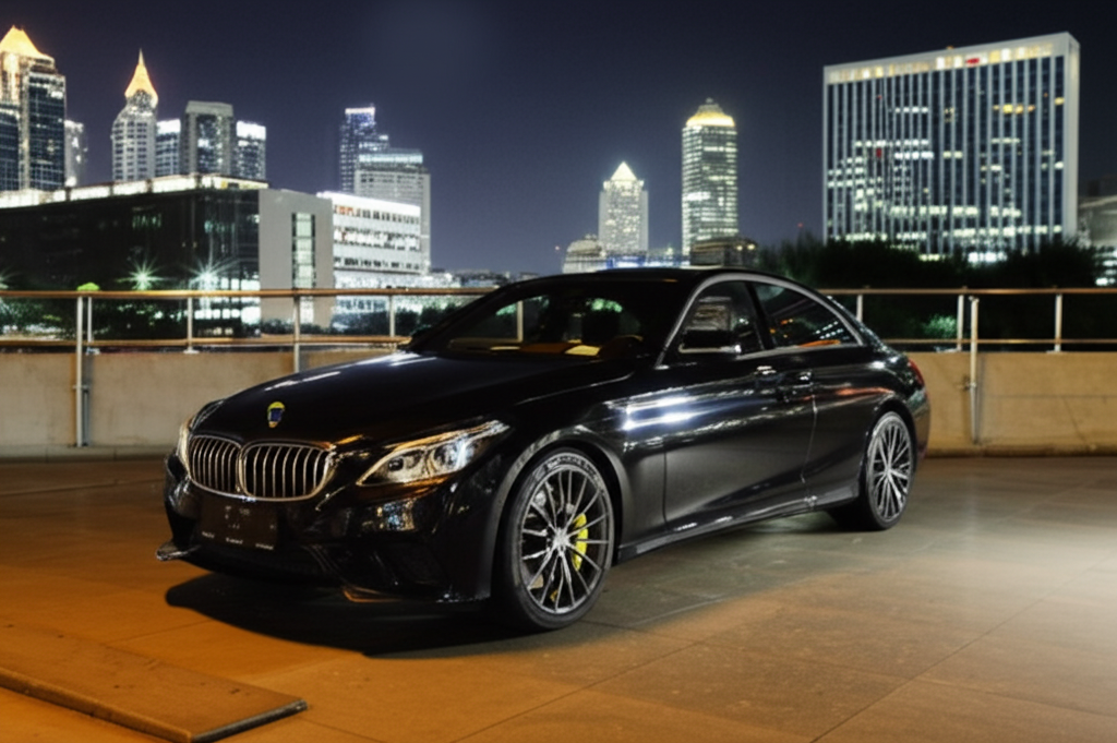 Luxury car parked in Bangkok, reflecting city lights, hinting at the need for paint protection.