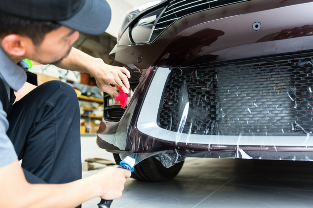Professional technician applying clear TPU paint protection film to a car's front bumper