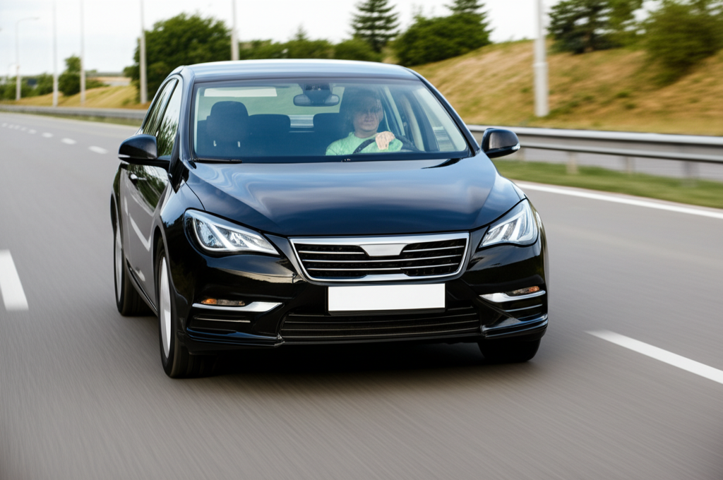Clean front view of a car with glossy TPU paint protection film driving smoothly on a highway