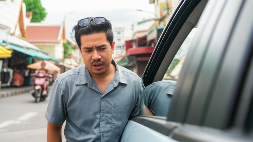 A driver looking concerned at a small scratch on their car door in a busy Thai street scene.
