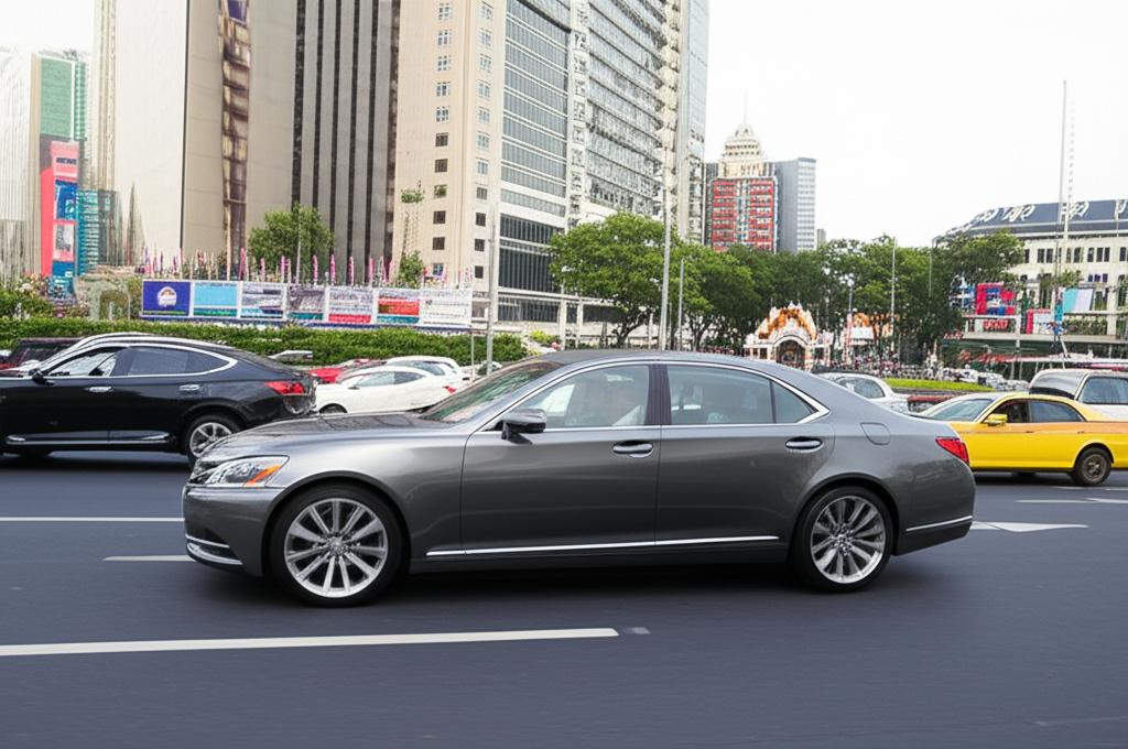 Luxury car driving in Thailand city traffic