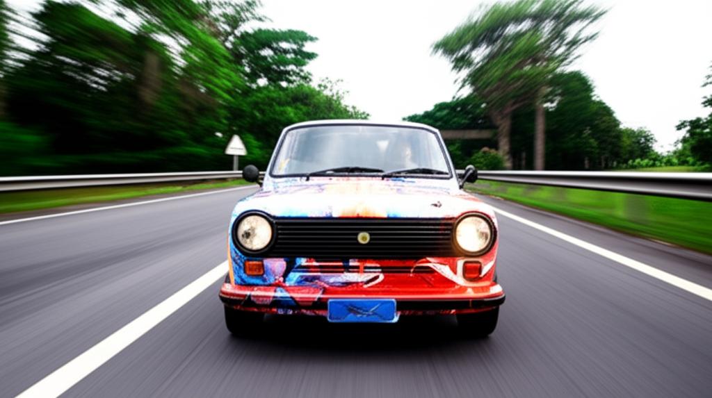 Custom painted car driving on a Thai road, facing potential hazards.