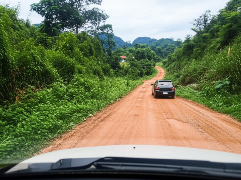 Car driving on a scenic but potentially rough road in Thailand, illustrating potential hazards.