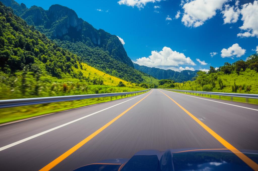 Car driving on a scenic Thai road with mountains in the background
