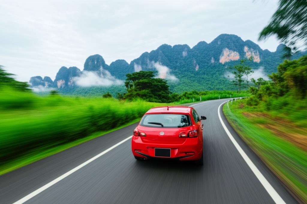 Car driving on a scenic road in Thailand with mountains in the background