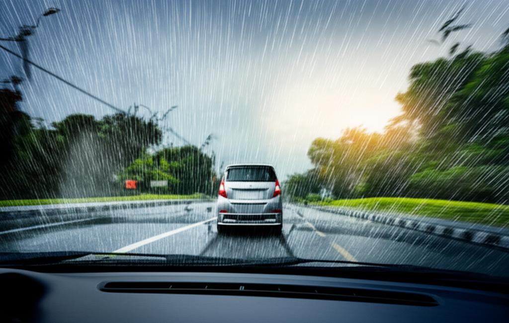 MPV driving through heavy rain or intense sun in Thailand