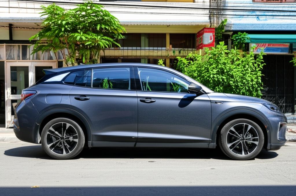 A sleek electric vehicle parked in a sunny Thai street, looking pristine.