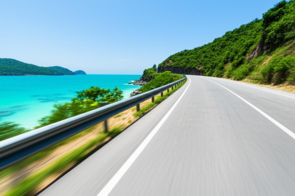 Car driving on a sunny coastal road in Thailand