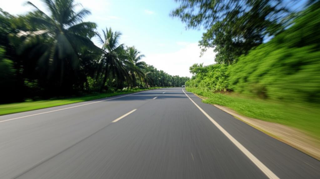 Car driving on a sunny road in Thailand with tropical trees