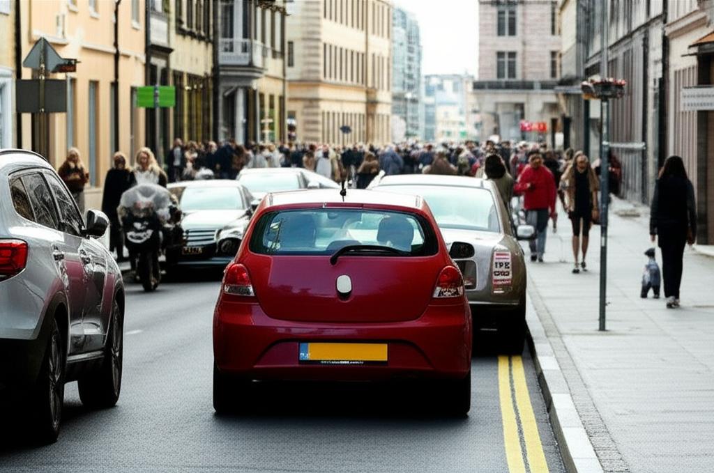 A car squeezed into a tight parking spot in a busy city.
