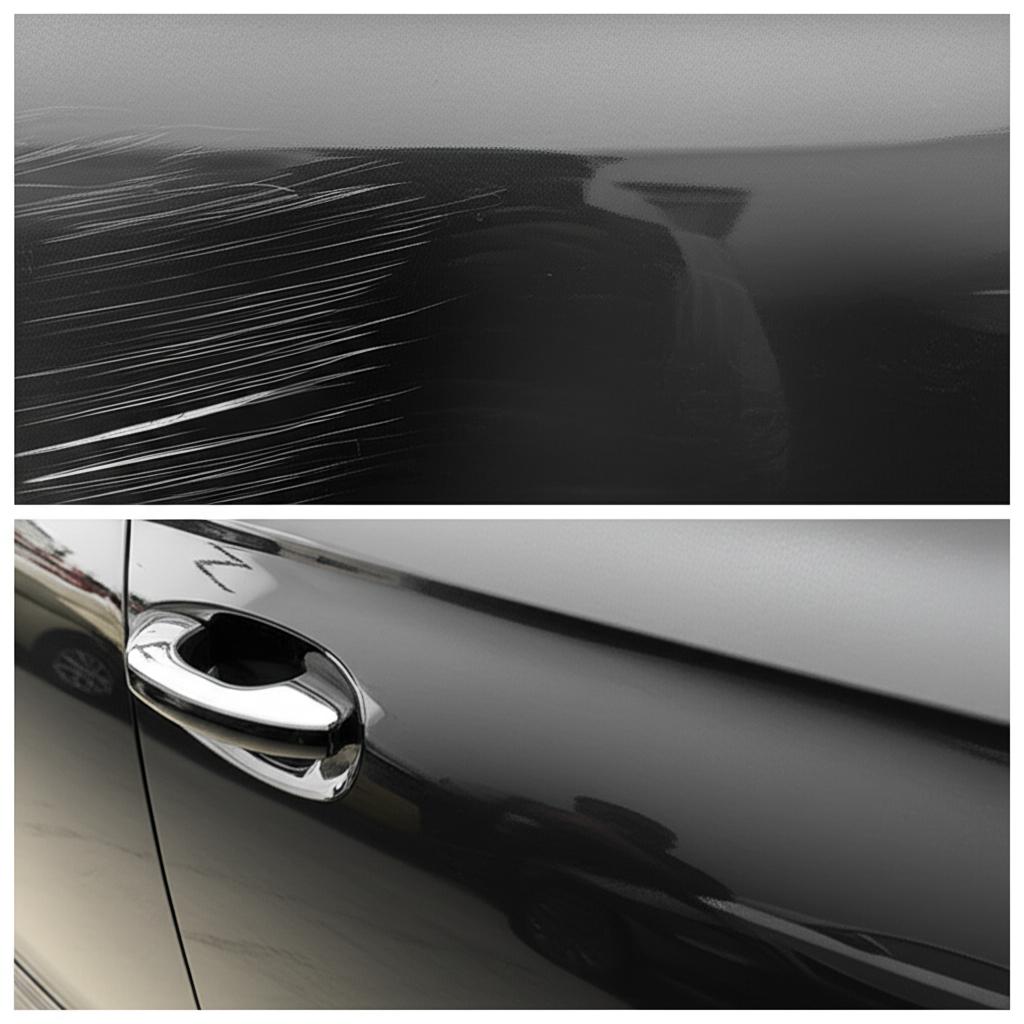 Before and after comparison of a car panel showing scratches before and smooth surface after TPU film application.