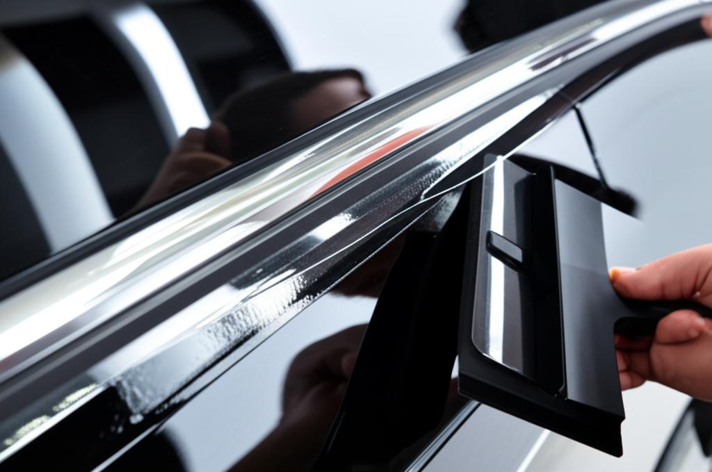 Close-up of a car panel being wrapped with clear film