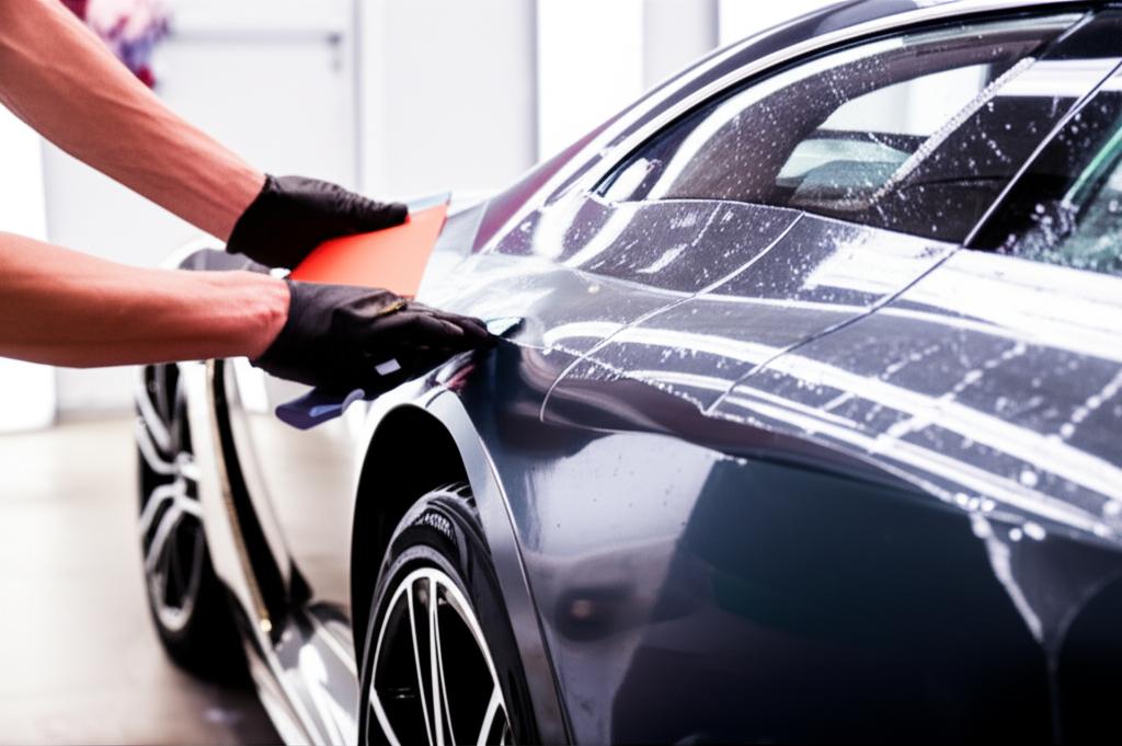 Luxury car being wrapped with protective film
