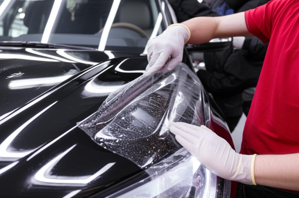 Expert technicians meticulously applying TPU film to the hood of a luxury SUV.