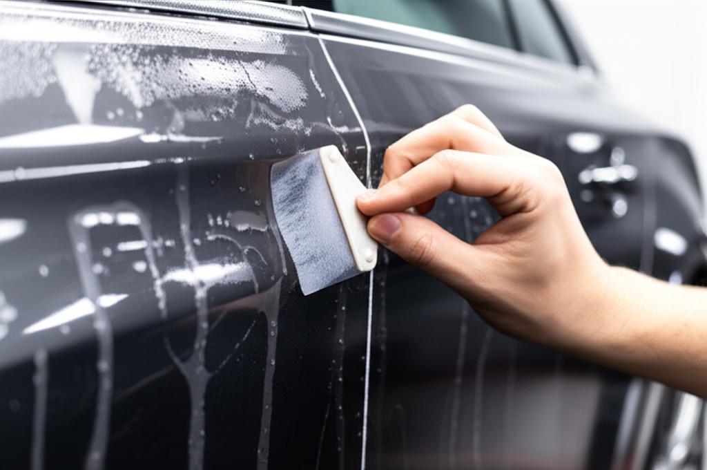 Close-up of a car panel being covered with protective film