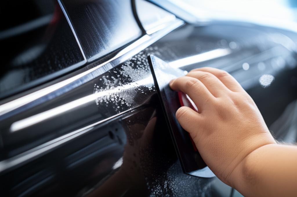 Close-up of professional TPU film installation on a car panel.