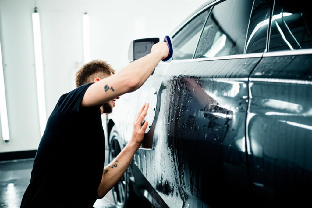 Technicians expertly applying clear protective film to a car