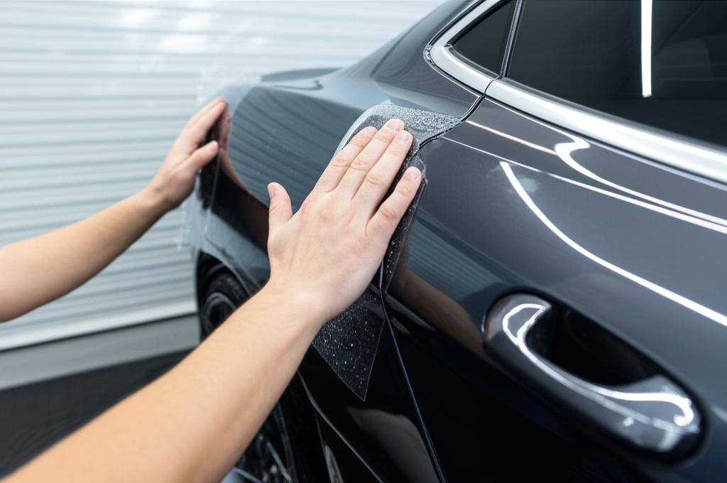 Skilled technician applying TPU film to a luxury car panel.